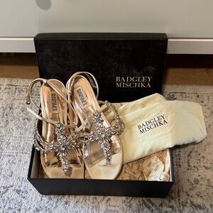 Badgley Mischka Gold Sandals with Rhinestone Embellishments size 8